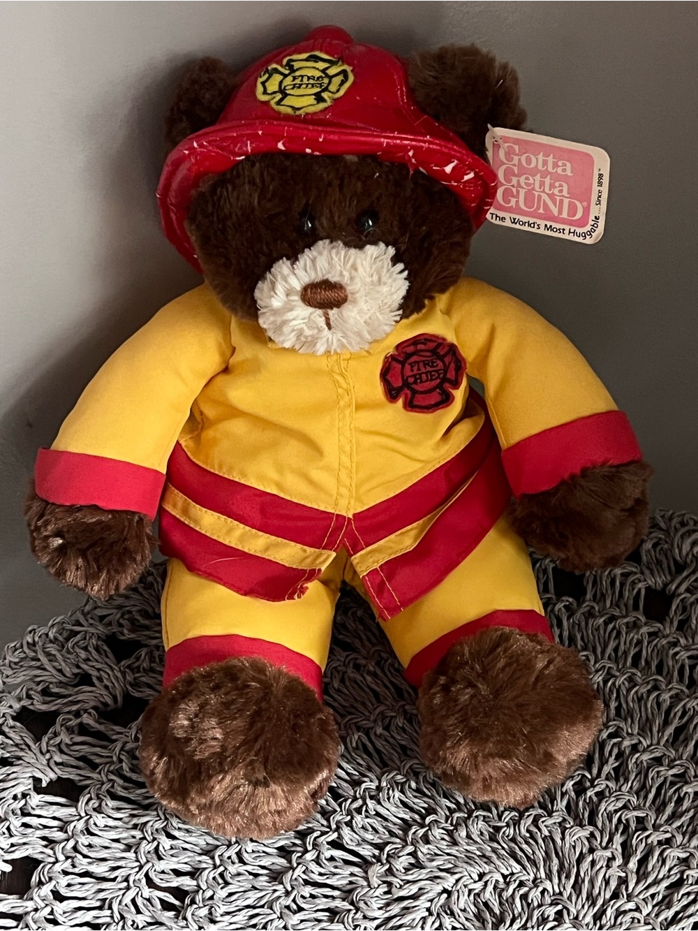 Gund Brown Bear Firefighter Plush in Yellow and Red Outfit